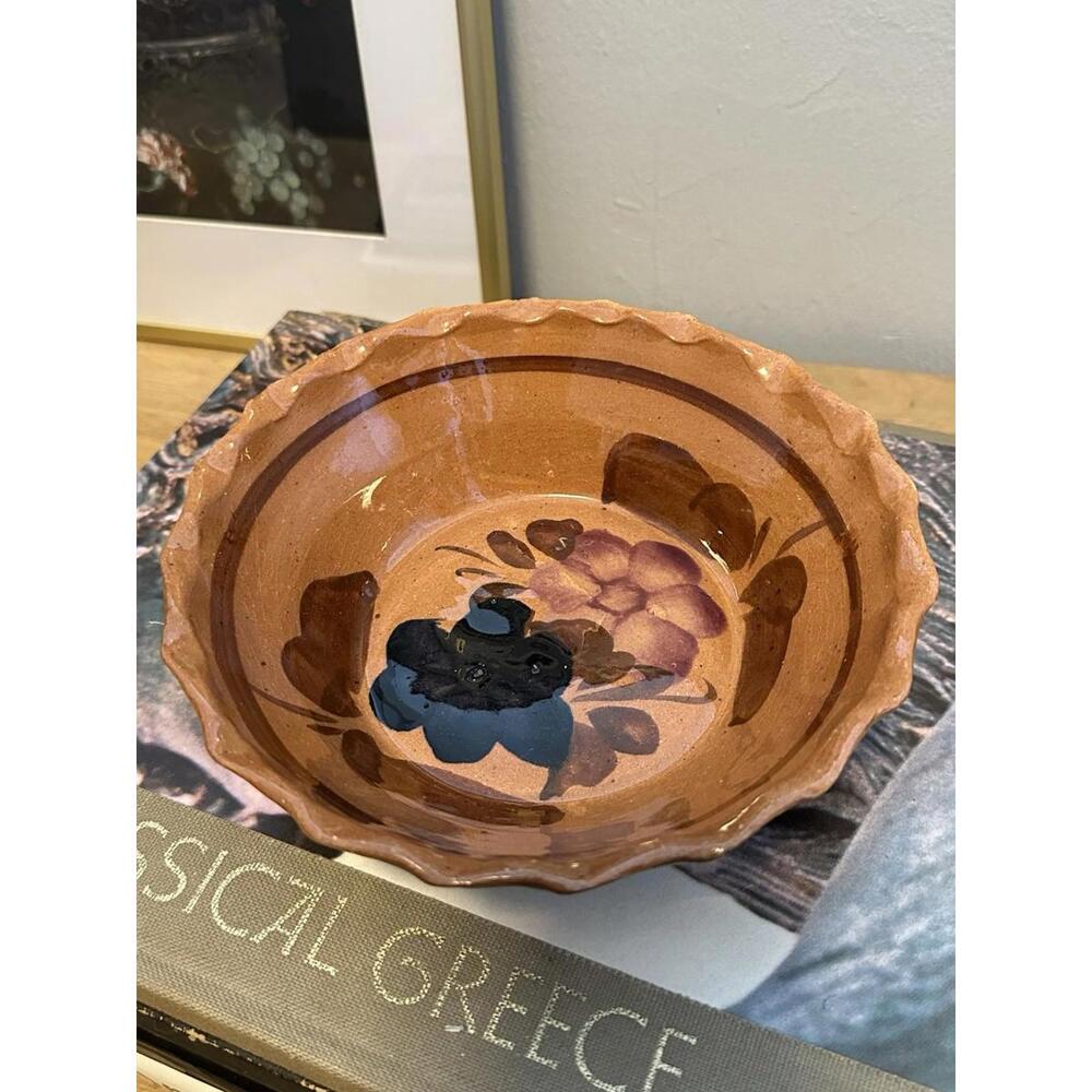Vintage Handcrafted Brown Bowl With Dark Blue and Purple Flowers Cottagecore